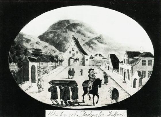 Likfølge ved Stadsporten i 1822. (J.F.L. Dreier)